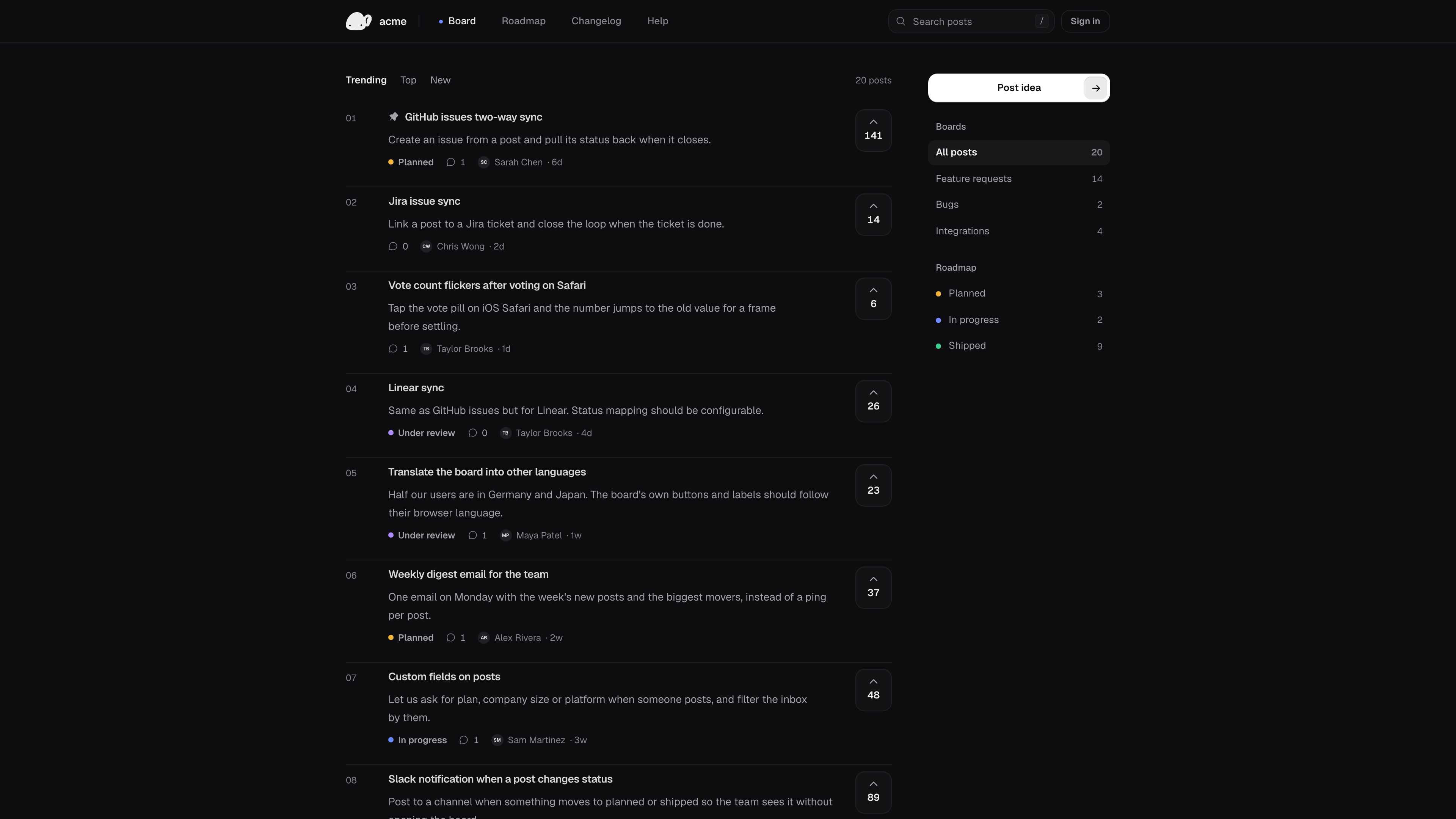 The hearloop public board: a list of feature requests with vote counts