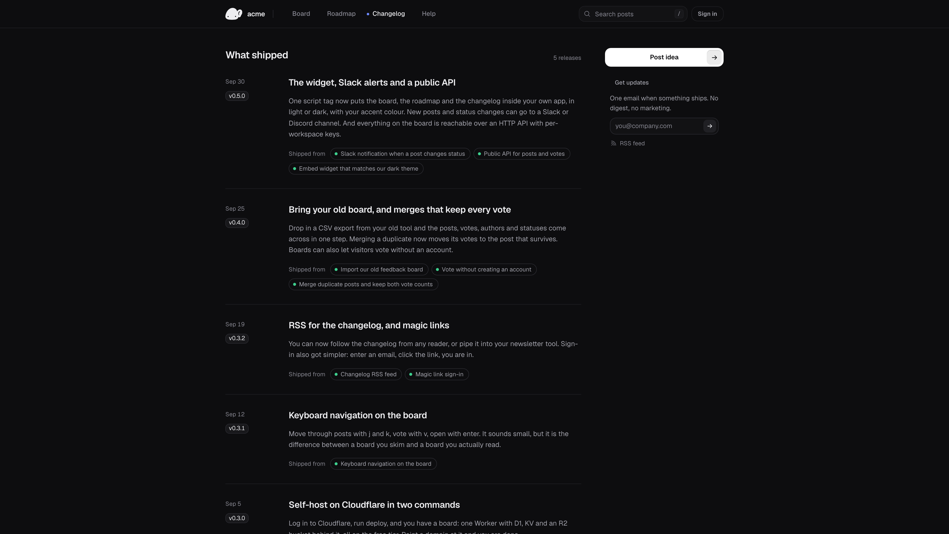 Changelog page with published entries linked to shipped requests